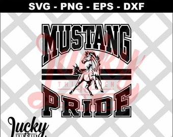 May include: Black and white graphic design featuring a horse with the text "Mustang Pride" in a bold, blocky font.