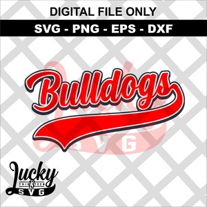 May include: Red and white Bulldogs wordmark with a red and white curved baseball-style banner. The wordmark is in a bold, stylized font. The banner is behind the wordmark. The image is on a white and gray checkered background.