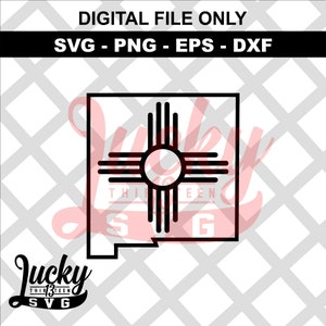 May include: Black and white outline of the state of New Mexico with the Zia symbol inside. The Zia symbol is a circle with four sets of four lines radiating out from the circle.