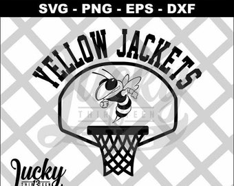 May include: A digital file in black and white, labelled "DIGITAL FILE ONLY" and "SVG - PNG - EPS - DXF". It shows a basketball hoop with a cartoon bee and the words "YELLOW JACKETS". The logo "Lucky Thirteen SVG" is also present.