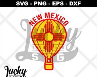 May include: A red and yellow hot air balloon with the words "NEW MEXICO" and the state symbol inside. The balloon is outlined in red and has a yellow basket.