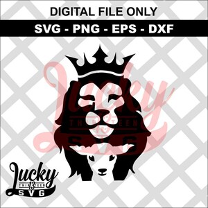 May include: Black and white silhouette of a lion wearing a crown, with a lamb's face peeking out from behind the lion's mane. The text "Lucky Thirteen SVG" is below the lion.