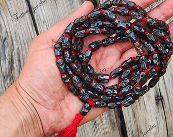 108 Black Mala Skull Prayer Beads, Yak Bone Skull Japa Mala, Hand Carved Natural Skull Long Necklace, Buddhist Skulls Tassel Chain