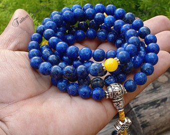 6mm, 8mm and 9mm Tibetan Mantra Lapis Lazuli Stone Japa Mala, Prayer Bead, Prayer Mala, Endless knot, Om Mani Padme Hum, Mala Necklace