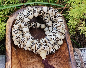 108 Skull Prayer Mala: Hand Carved Yak Bone, Kali Necklace