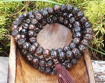 108 Black Brown Skull Prayer Mala, Rounded Hand Carved Natural Yak Bone, Japa Mala Genuine Dye Bone Skull, Kali Mala - Goddess Kali Necklace