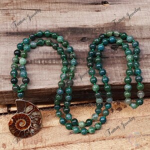 Moss Agate Mala beads 108 Hand knotted Mala Necklace Japa mala with Ammonite necklace