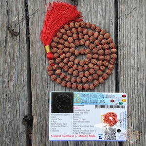 7 Mukhi Rudraksha Mala: Natural Prayer Beads Necklace with Silk Tassel