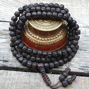 108 Bead Rudraksha Mala: Natural Dark Prayer Beads from Nepal