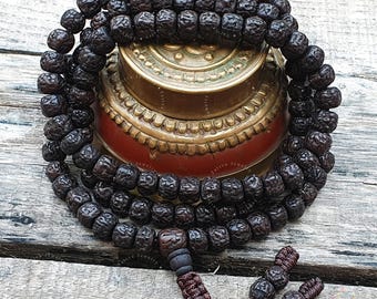 108 Bead Natural Dark Rudraksha Mala from Nepal – Handcrafted Prayer Rosary for Meditation, Yoga, Chanting & Mindful Practice