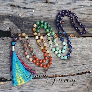7 Chakra Mala Necklace: 108 Prayer Beads, Healing Stone Tassel Necklace