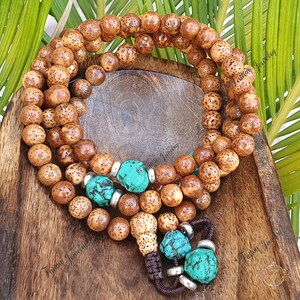 108 Natural Lotus Seed Mala from Nepal with Raw Turquoise Counter Beads, Buddhist Meditation Mala, Handmade Necklace, Tibetan Necklace