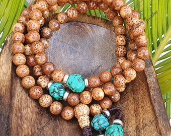 108 Natural Lotus Seed Mala from Nepal with Raw Turquoise Counter Beads, Buddhist Meditation Mala, Handmade Necklace, Tibetan Necklace