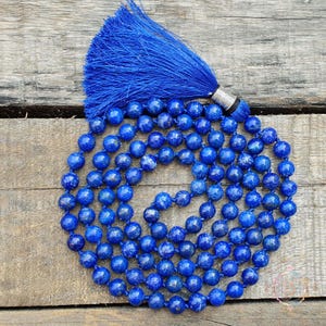 Hand Knotted Lapis Lazuli Mala Necklace: AAA+ Gemstone Beads, Silk Tassel