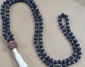 Mala de ébano de 108 cuentas con cuenta gurú de rudraksha (opción de 2 a 13 mukhi) / Japa Mala de madera anudada a mano / Collar de oración para meditación