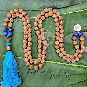 Lapis Lazuli Rudraksha Mala: 108 Bead Om Necklace