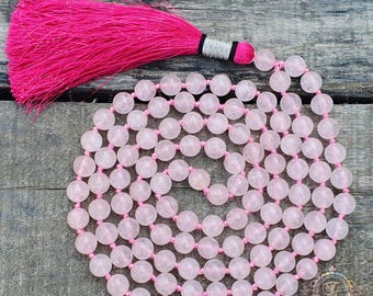 Rose Quartz Mala Necklace: Hand-Knotted 108 Bead Meditation Japa Mala 8MM