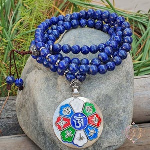 Lapis Lazuli Mala Necklace: 108 Bead Meditation Prayer Beads with Om Mandala Pendant