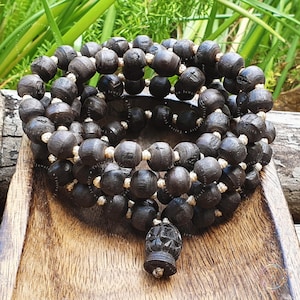 Black Shyama Tulsi Mala 108 Prayer beads mala, Knotted Wood Rosary, Indian Krishna mala, Hindu Japa mala bead Natural Tulsi beads
