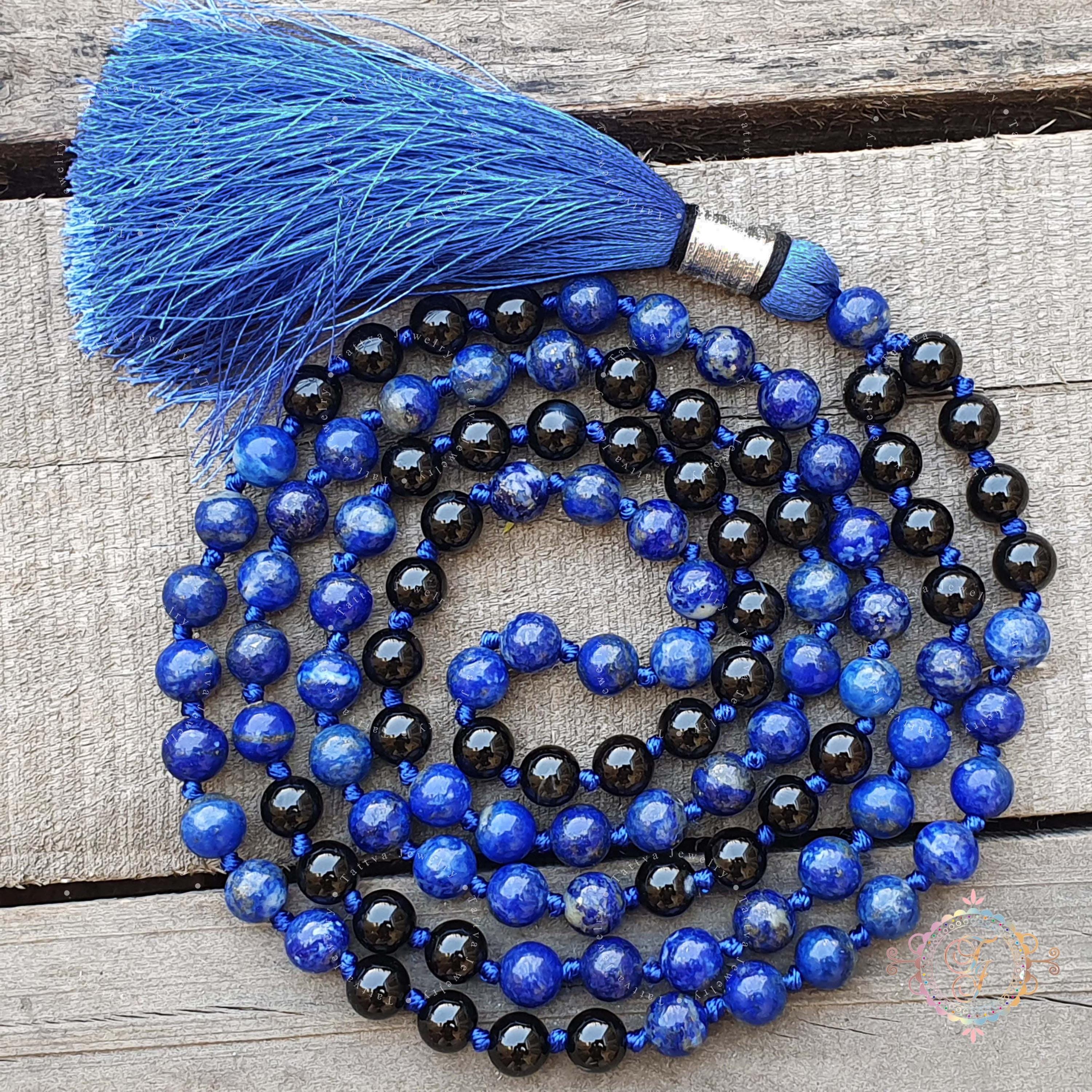 Black Onyx & Lapis Lazuli Mala Necklace: Hand-knotted 108 Bead