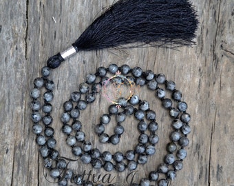 Labradorite Necklace -108 Beads Mala Prayer Necklace - Natural Stone, Black Labradorite Mala For Calming & Will Power,