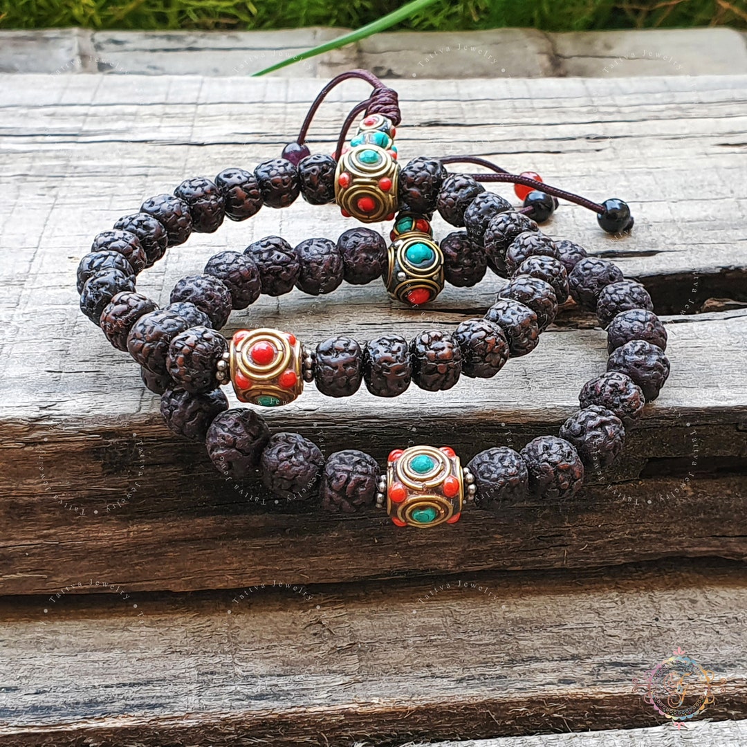 Natural Aged Dark Black Rudraksha Adjustable Bracelet With Inlaid