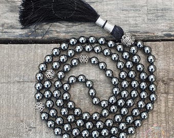 Hematite Mantra Mala 8MM, Hematite Necklace, 108 Mala Beads, Statement Necklace, Gift For Yoga Lover