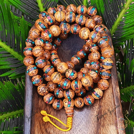 108 Natural Bodhi Seed Mala Prayer Beads, Traditional Inlay