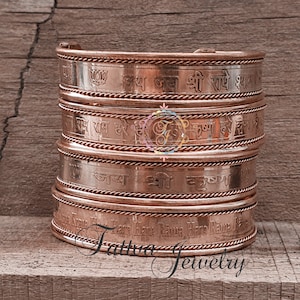 Krishna Mahamantra Engraved Copper Cuff Bracelet: Magnetic Pain Relief