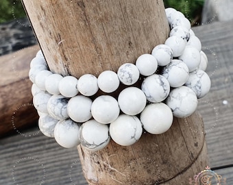 Natural Howlite 8mm,10mm 12mm Bracelet, Stretch Bracelet, Chunky Bracelet, Genuine Howlite - White Crystal Bead - Calming Stone