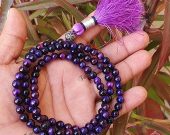 Collar de ojo de tigre púrpura, 108 cuentas de Mala, Mala de ojo de tigre púrpura, cuentas de oración, collar de declaración, Yoga Mala - Despertar espiritual