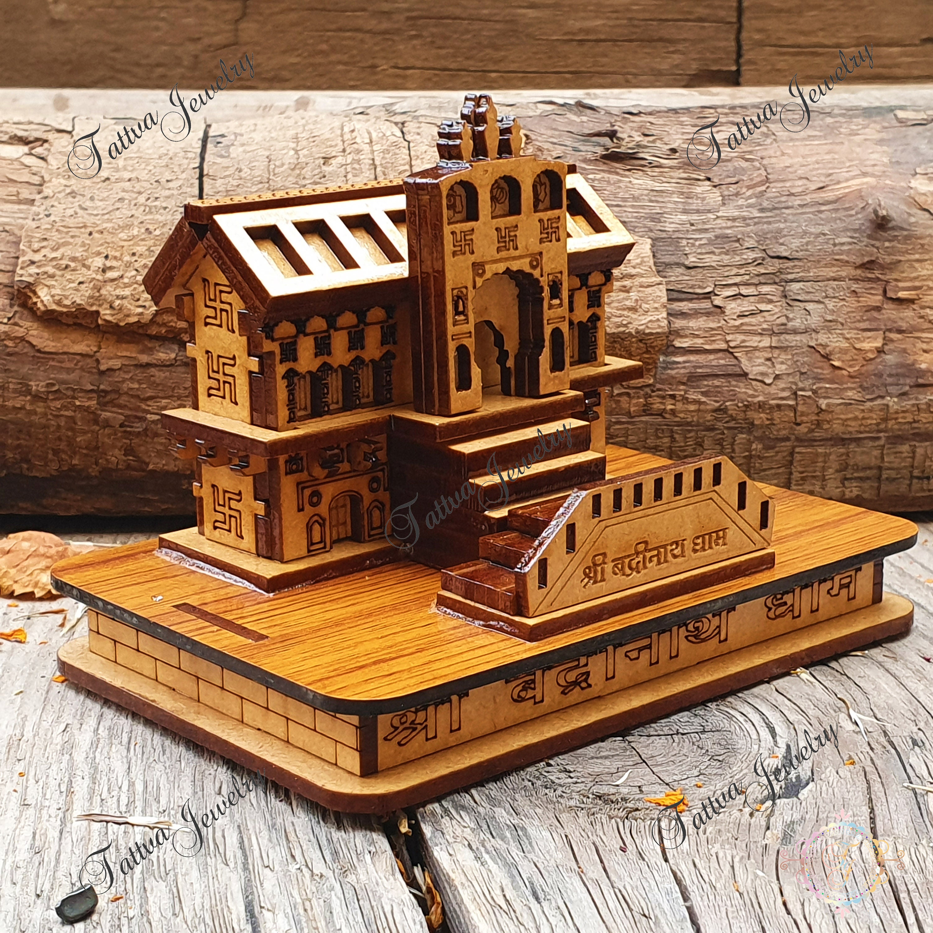Miniature Badrinath Temple Replica: Handmade Wooden Indian Decor