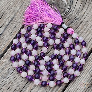 Rose Quartz Amethyst Mala Necklace: Handmade 108 Bead Meditation Beads