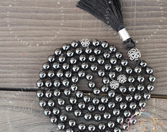 Hematite Mantra Mala 8MM, Hematite Necklace, 108 Mala Beads, Statement Necklace, Gift For Yoga Lover