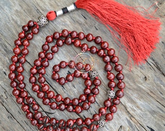 Rosewood 108 Bead Mala Necklace, Knotted Japa Mala with Silver Markers