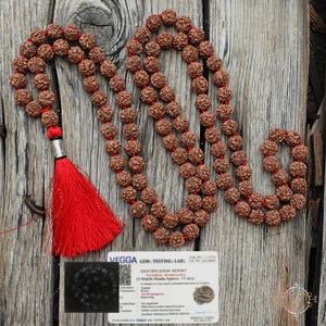 May include: A brown beaded mala necklace with a red tassel and silver accent. The beads are strung on a red cord. A white card with black text is visible, including the words "VEGGA GEMS TESTING LABS" and "NATURAL BEDRAKSHA".