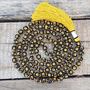 Om Engraved Black Obsidian Mala: 108 Bead Knotted Necklace