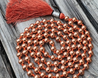 108 Copper Beads Mala Necklace – Handcrafted 6mm & 8mm Solid Copper Meditation Mala ,Traditional 108 Bead Necklace for Mantra and Prayer