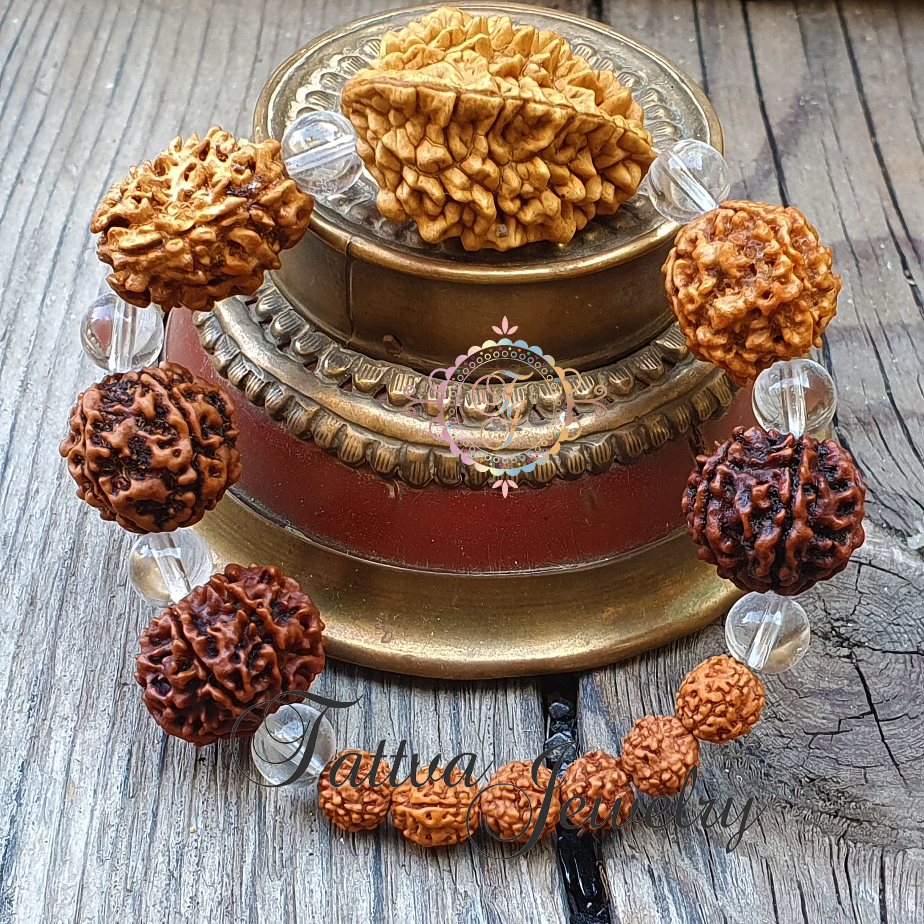 Handmade Rudraksha & Clear Quartz Bracelet: Yoga Meditation Gift