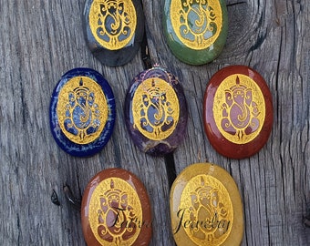 Seven Chakra Stone Set: Ganesha Symbol, Healing Crystals
