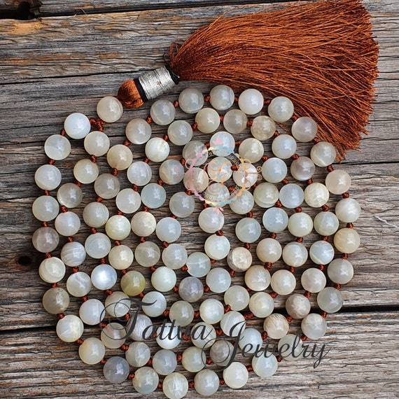 Gray Moonstone Necklace For Perceiving, Gray Moonstone Mala, Handmade Mala, 108 Mala Bead Necklace, Mediatation Mala, Gemstone Necklace