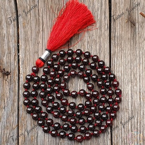Red Garnet Mala Necklace: Hand-Knotted Buddhist Prayer Beads with Silk Tassel