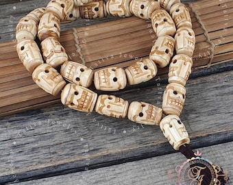 Raro collar de cuentas de calavera tribal de gran tamaño (27 unidades), cuentas de oración de hueso reciclado de yak del Himalaya, Japa Mala, collar de cuentas de calavera beige, Kapala Yoga Meditación