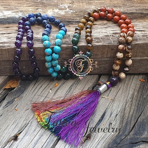 Chakra Healing Mala Necklace: 108 Beaded Prayer Beads with Silk Tassel