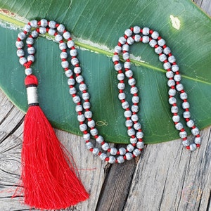 Parad Gutika Mala Necklace: 108 Beads, Silver Zari Tassel