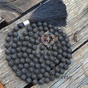 Hand Knotted Lava Mala Necklace: Prayer Beads with Silk Tassel