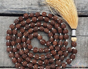 Radha Engraved Dark Brown Tulsi Mala For Rejuvenation, Basil Wood Bead Mala, Tulasi Mala Beads Necklace, Chanting Japa Mala, Tulsi Necklace
