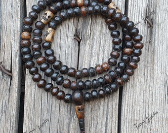 Mala de 108 cuentas de hueso de yak natural con cuentas de calavera, collar de cuentas tibetanas tradicionales, regalos de yoga, mala budista