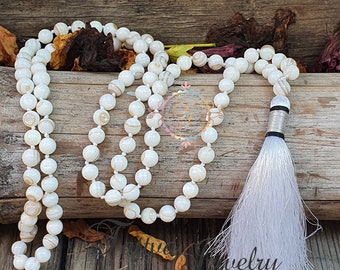 Mother Of Pearl Mala For Purity & Morality, 108 Mala Beads, Natural White Round Pearls, Mother Of Pearl Necklace,  Wedding Necklace