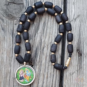 Shyama Tulsi Necklace With Hand painted Sterling Silver Pendant, Black Tulsi Mala, Krishna Necklace, Kantha Mala, God Gifts, Auspicious Gift